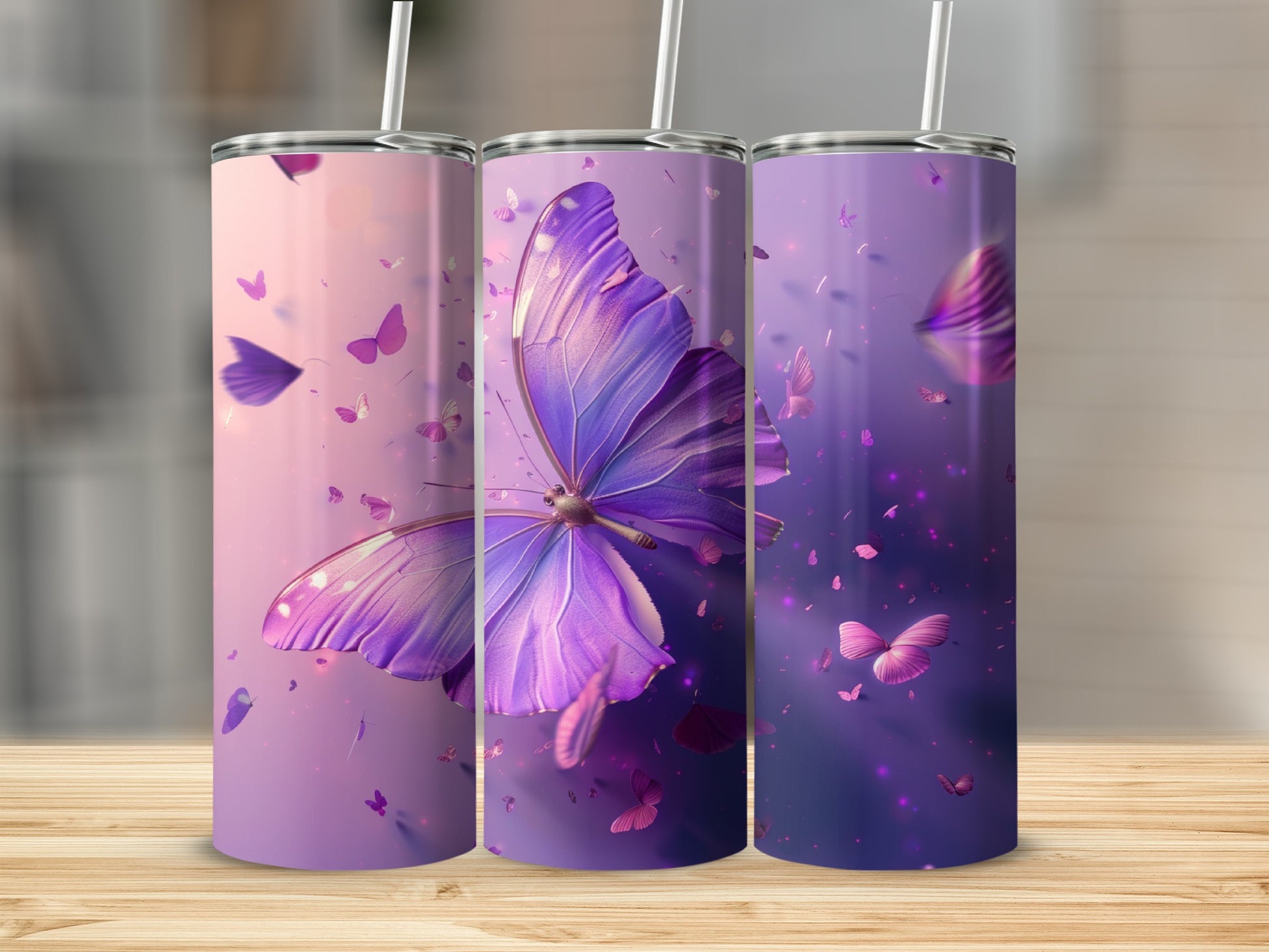 Three tumblers with purple butterflies and pink glitter overlay.