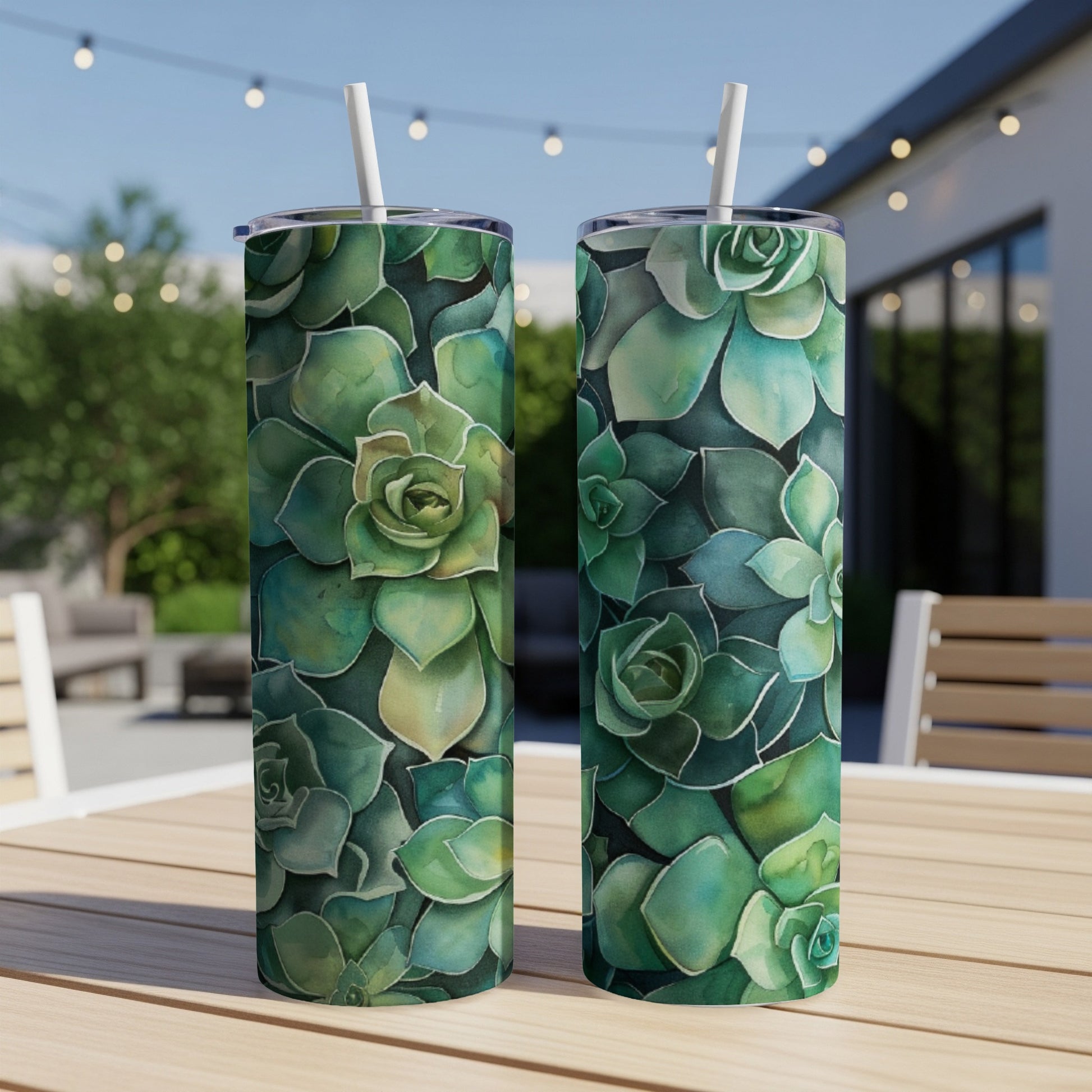 Two tumblers with a green succulent floral pattern.