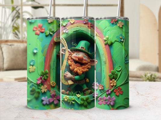 Leprechaun playing harp under a rainbow on a green tumbler.