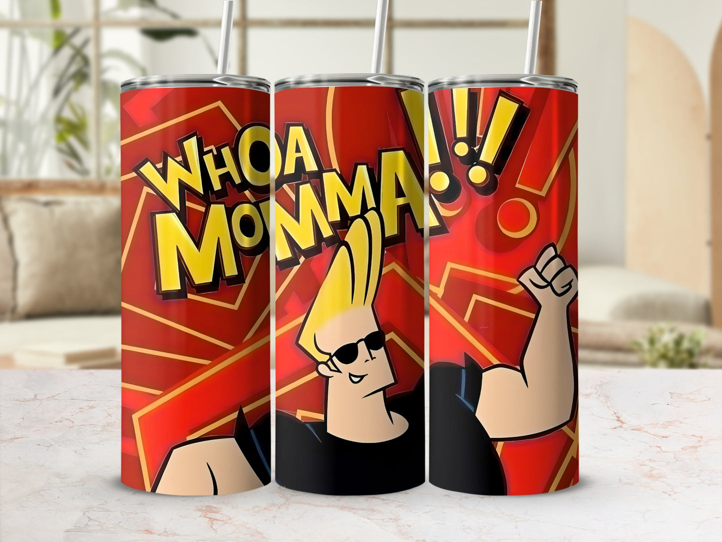 Whoa Momma Red and Yellow Character Tumbler