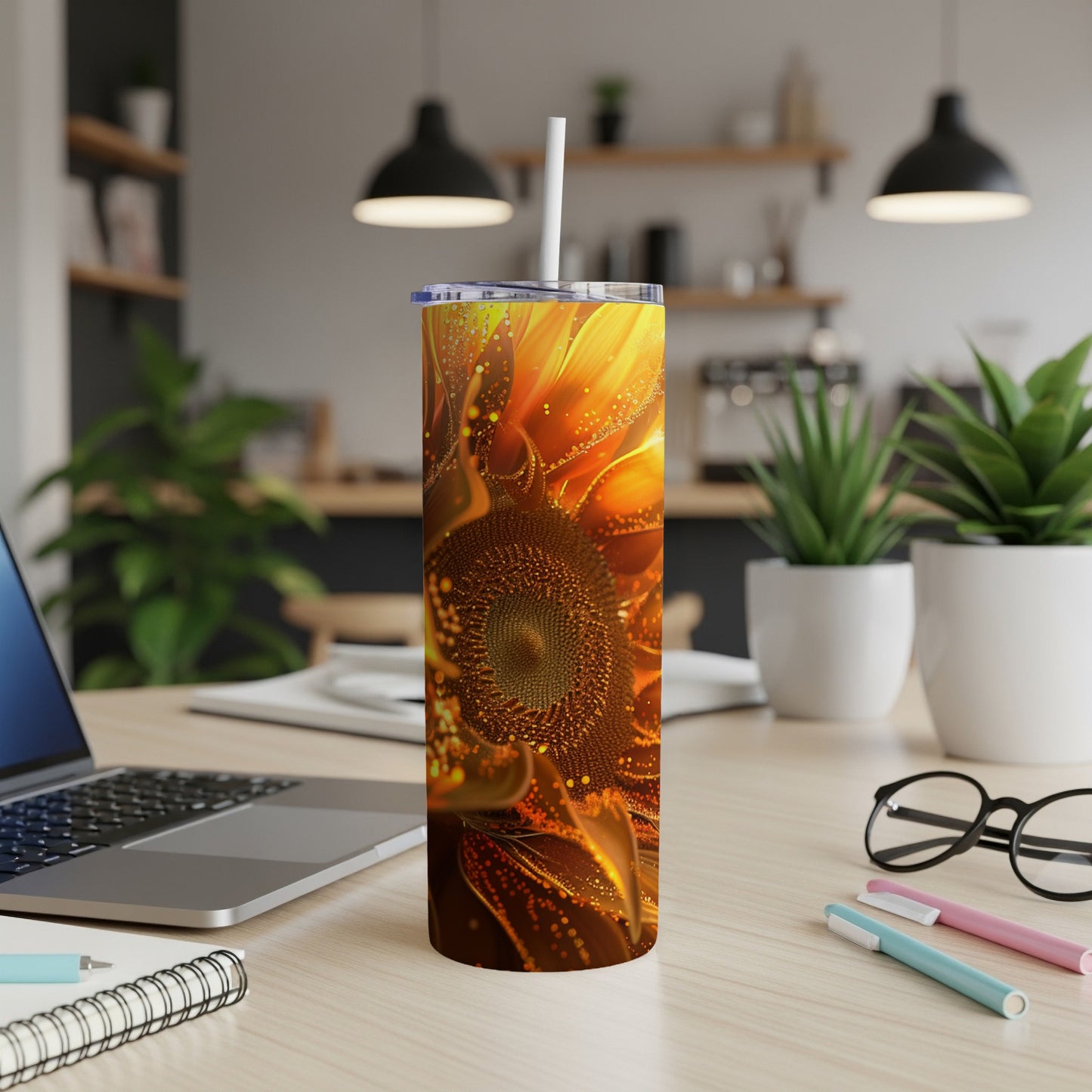 Sunflower design on a tall, narrow tumbler with a straw.