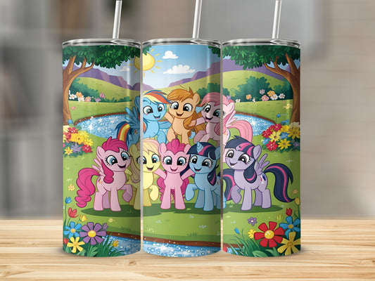 My Little Pony characters in a sunny meadow with a rainbow and bridge.