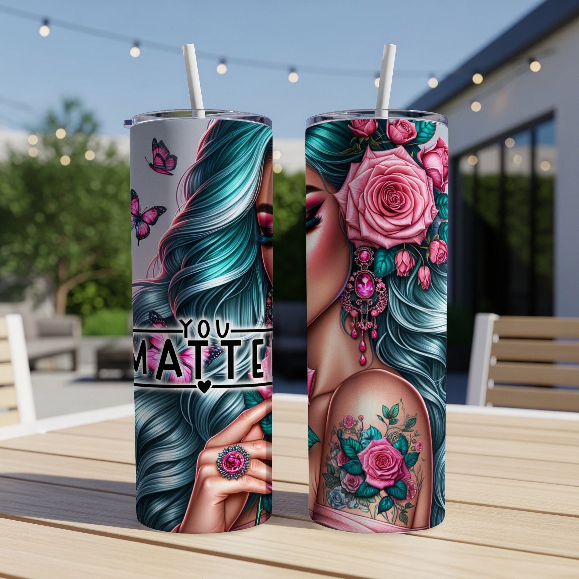 Tumbler with "YOU MATTER" text and floral, butterfly, and jewelry designs.