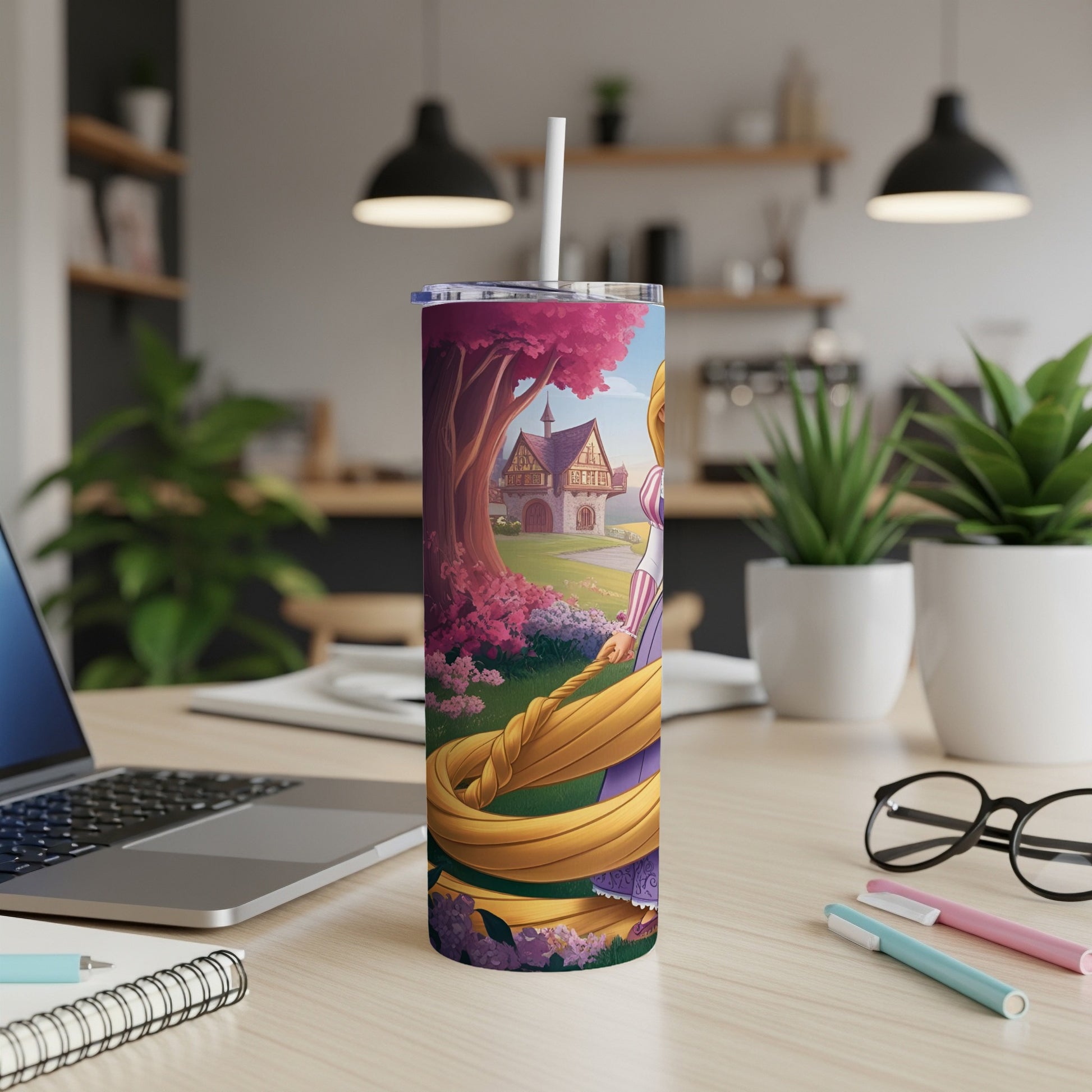 Rapunzel's tower and long blonde hair on a skinny tumbler.