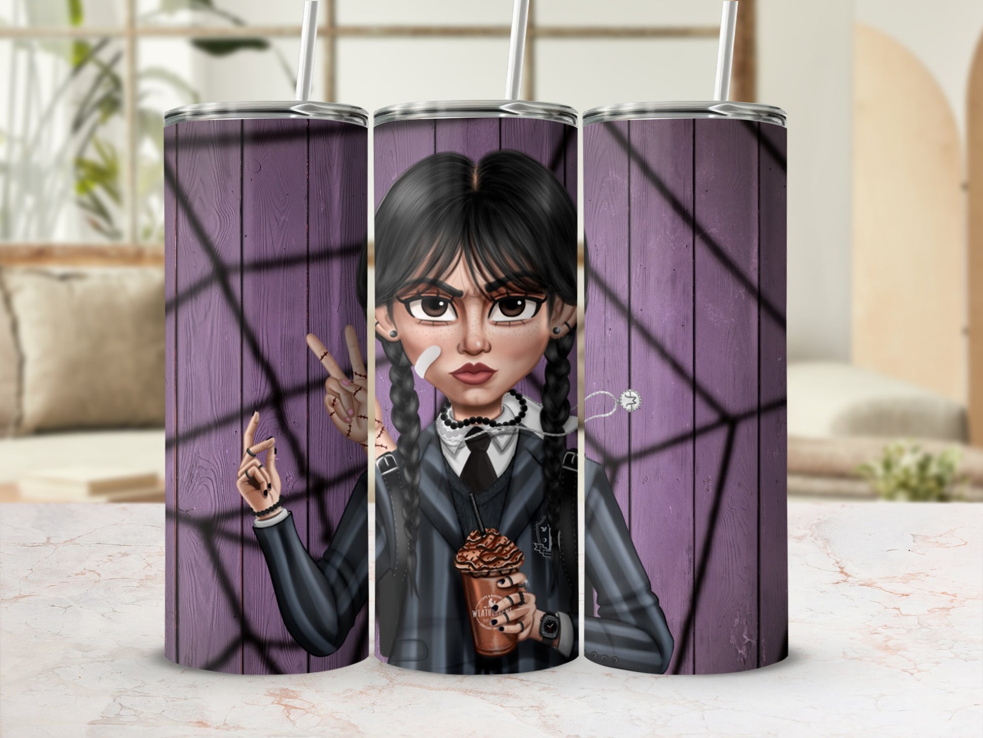 Edgy Character on Purple Wood Background Tumbler