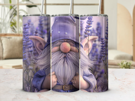Gnome with purple hat and lavender background.