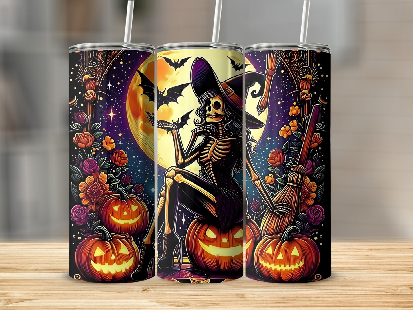 Halloween tumbler with skeleton witch, pumpkins, and bats against a full moon.
