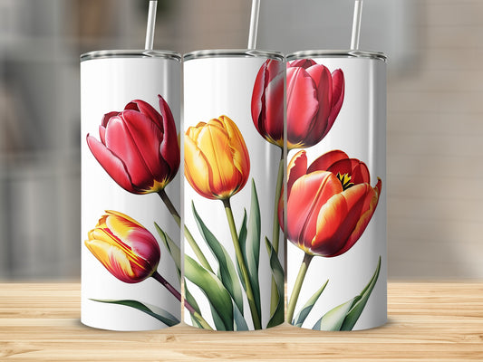 Two tumblers featuring bright red and yellow tulips and green stems.