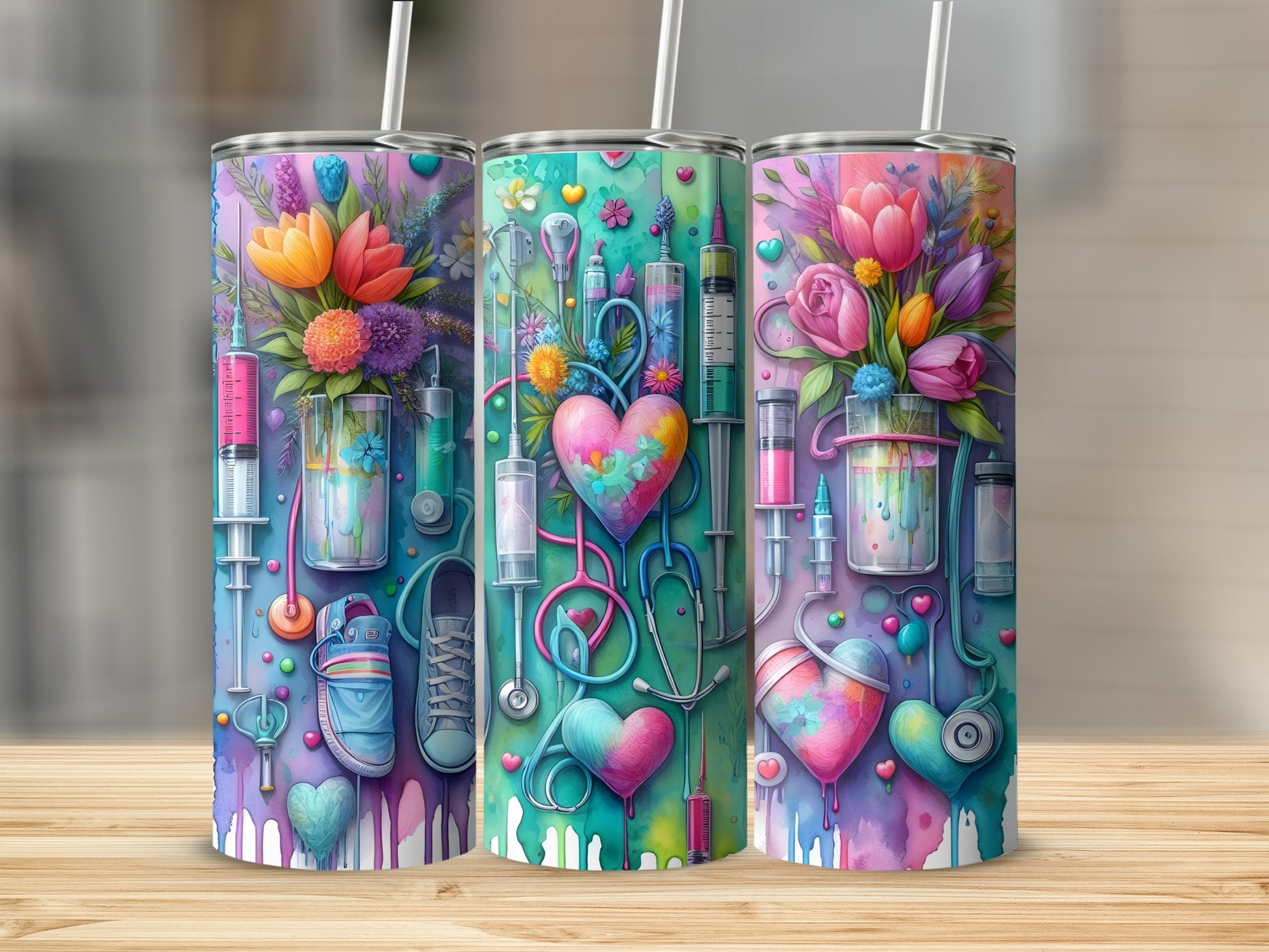 Colorful Medical-themed Floral Art Tumbler Set