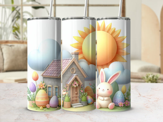 Easter house with bunny, eggs, and sun against a cloudy sky.
