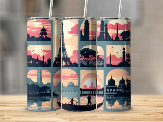 Silhouetted cityscapes with iconic landmarks and a gondola reflected in water.