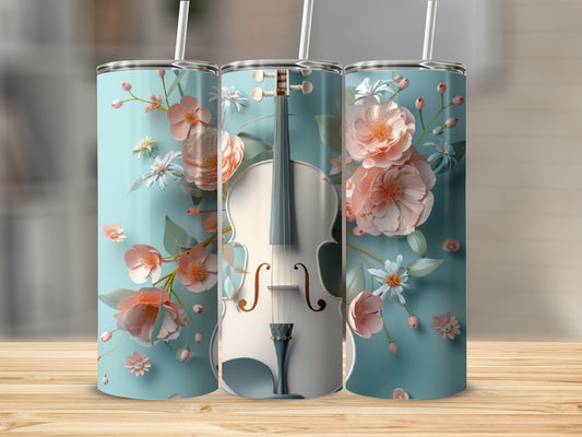Violin with pink and white flowers against a blue background.