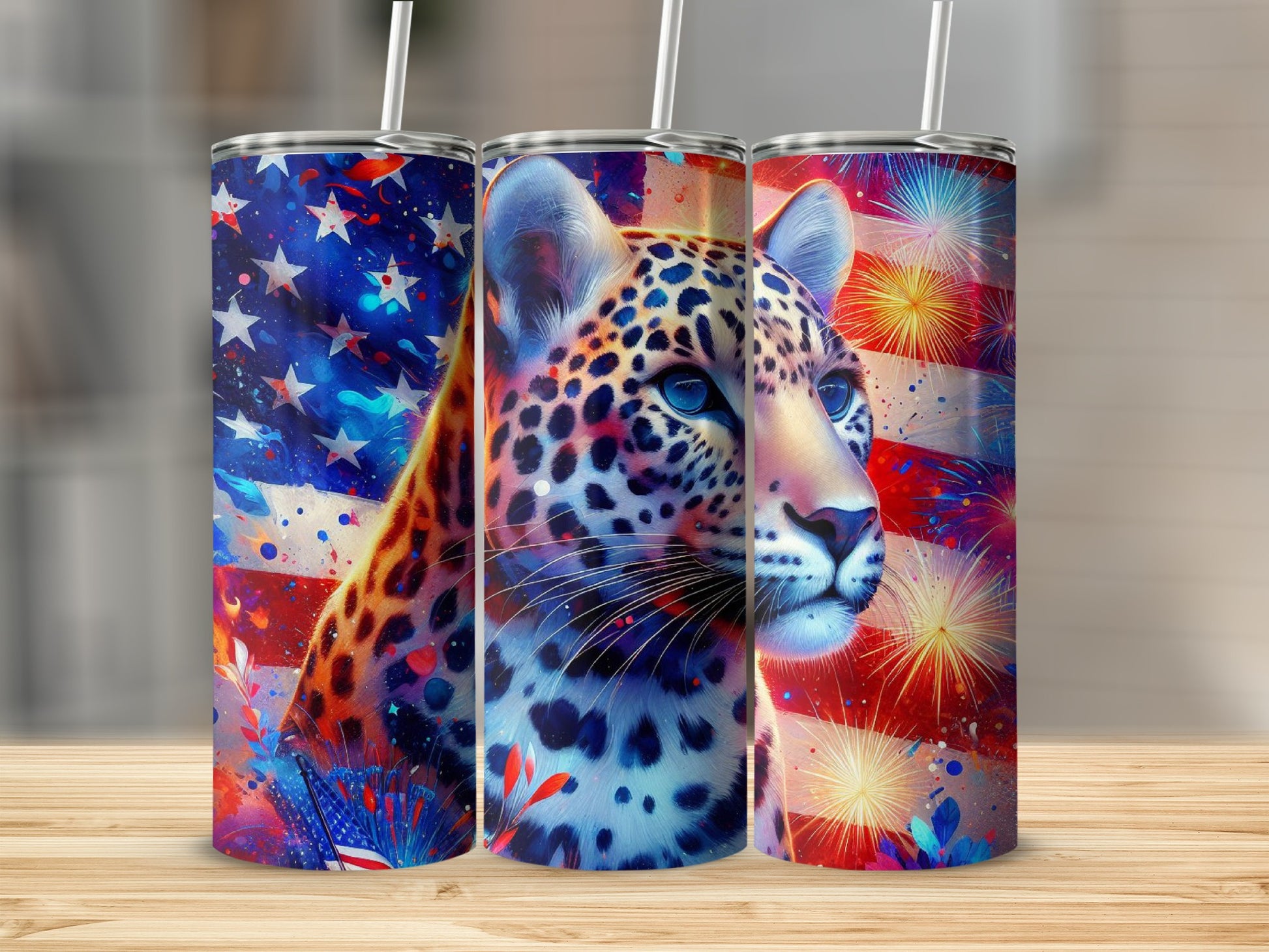 Leopard with American flag fireworks pattern on a tumbler.