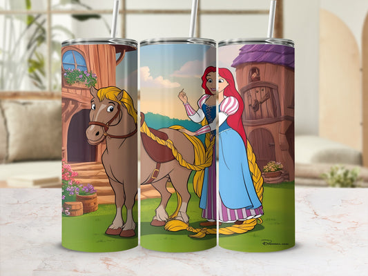 Rapunzel braiding her long hair on a horse beside a castle.