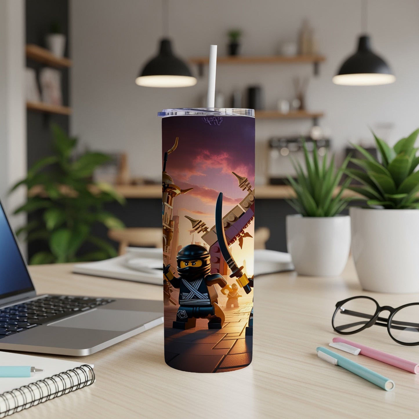 LEGO Ninjago character on a purple tumbler with a straw.