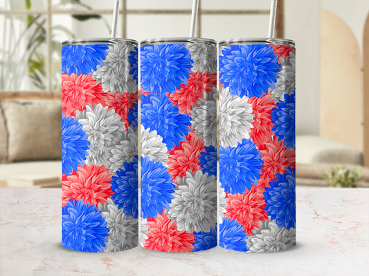 Three tall tumblers with a red, white, and blue floral pattern.