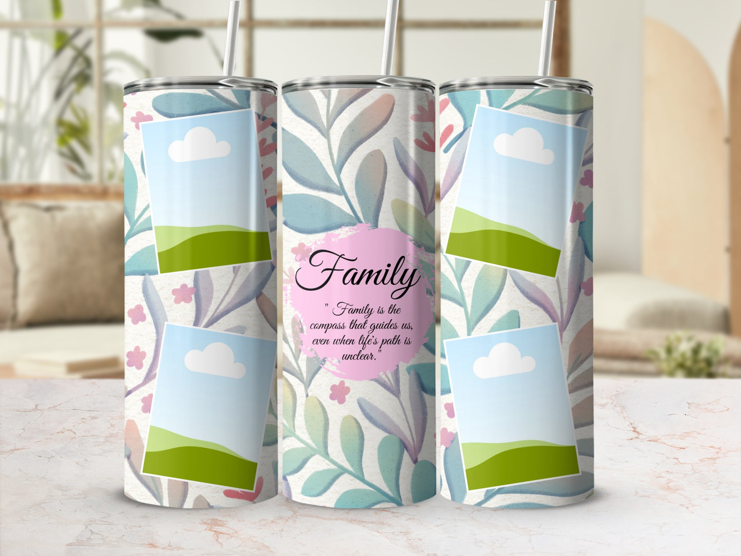 Floral tumbler with "Family" quote and blank photo placeholders.