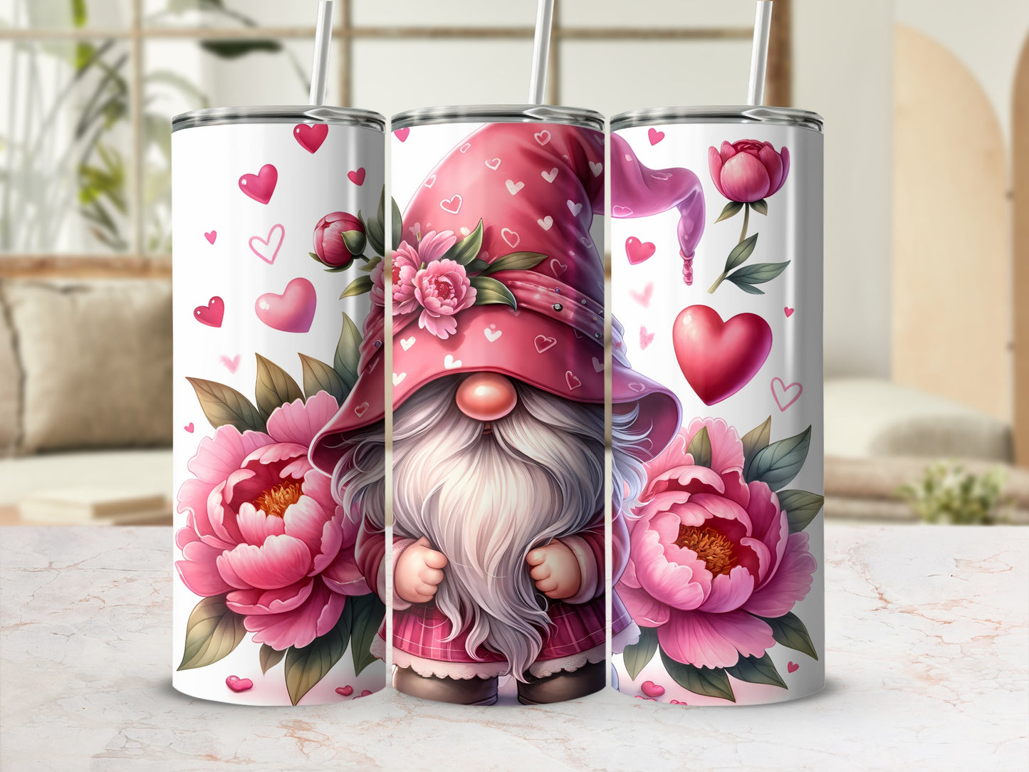 Pink gnome with flowers and hearts on a tumbler.
