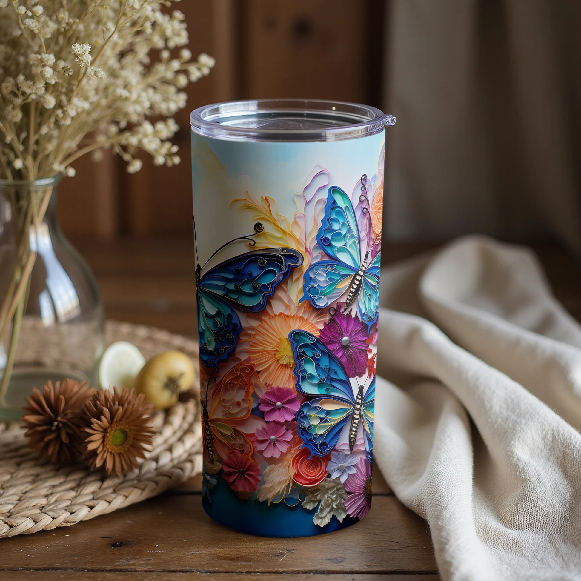 Colorful Butterfly and Floral Pattern Tumbler