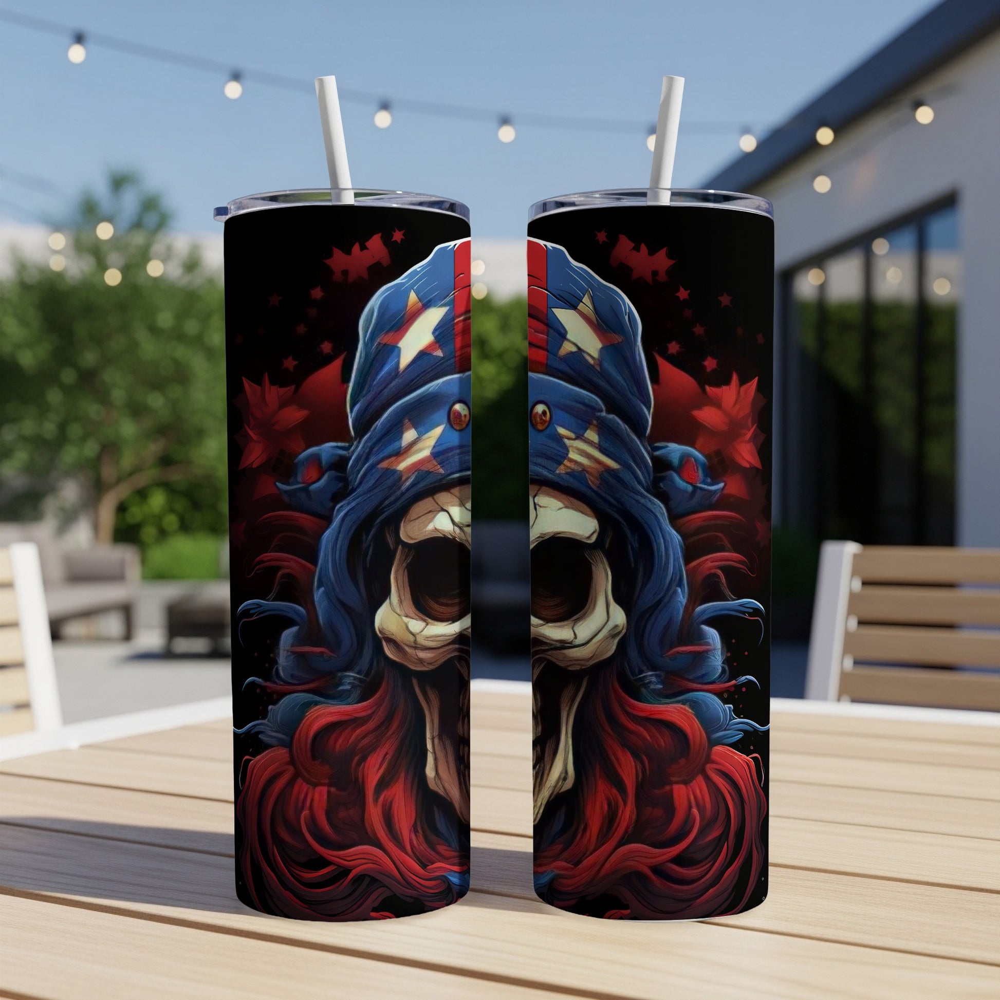 Two tumblers with a patriotic skull and red, white, and blue bandana design.