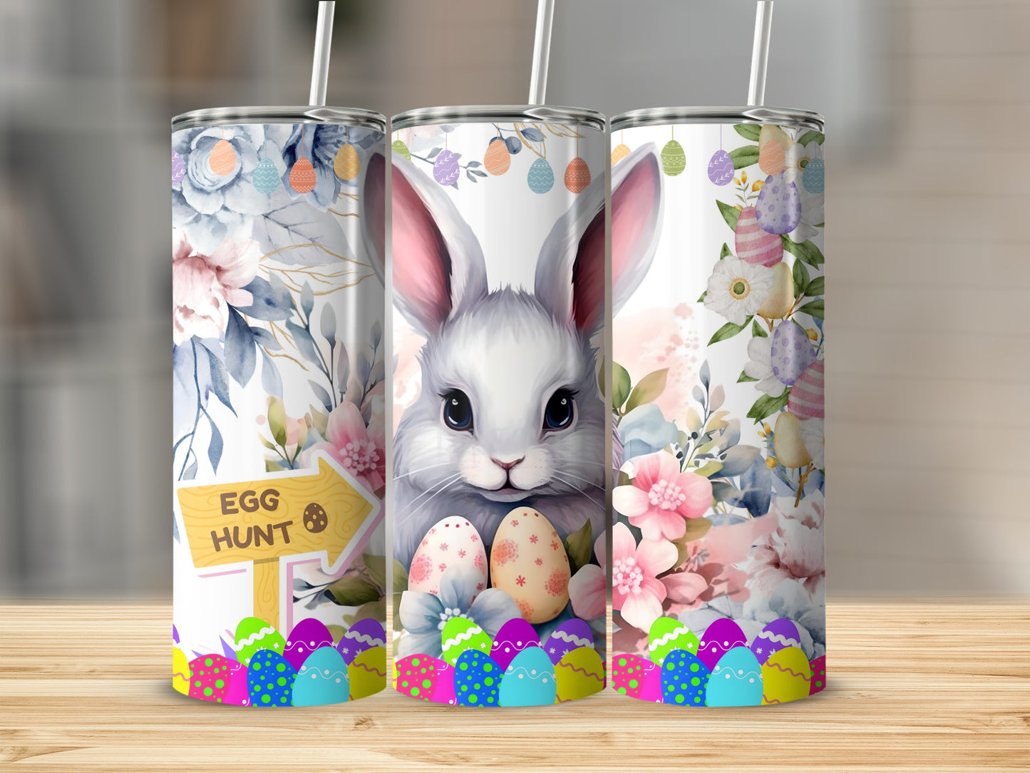 Adorable Easter Bunny and Floral Design Tumbler