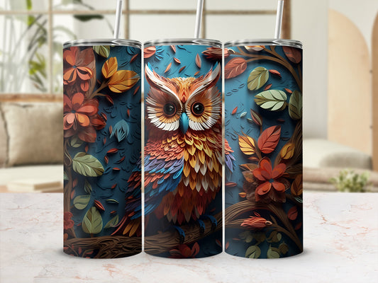 Three tumblers featuring a detailed owl illustration with colorful autumn leaves.