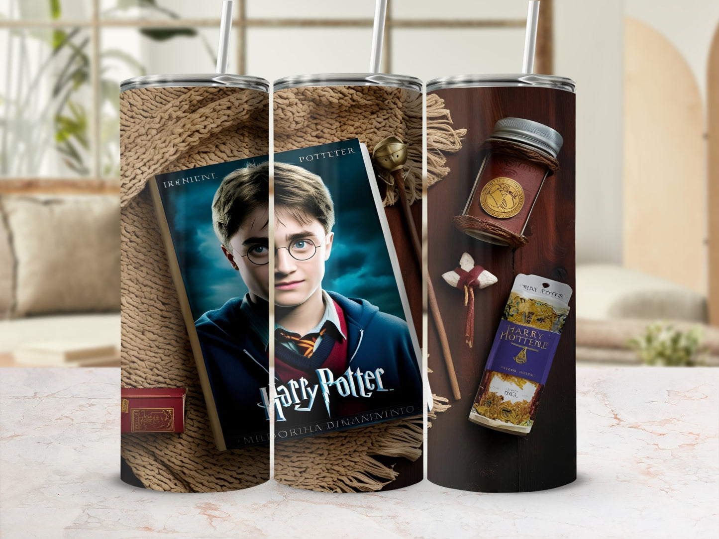 Harry Potter book cover, wizard and potions, with a patterned background.