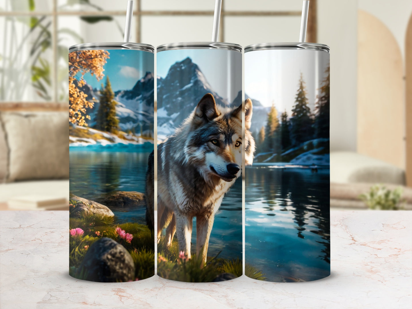 Forest Wolf Mountainous Lake Vibrant Blooms product type