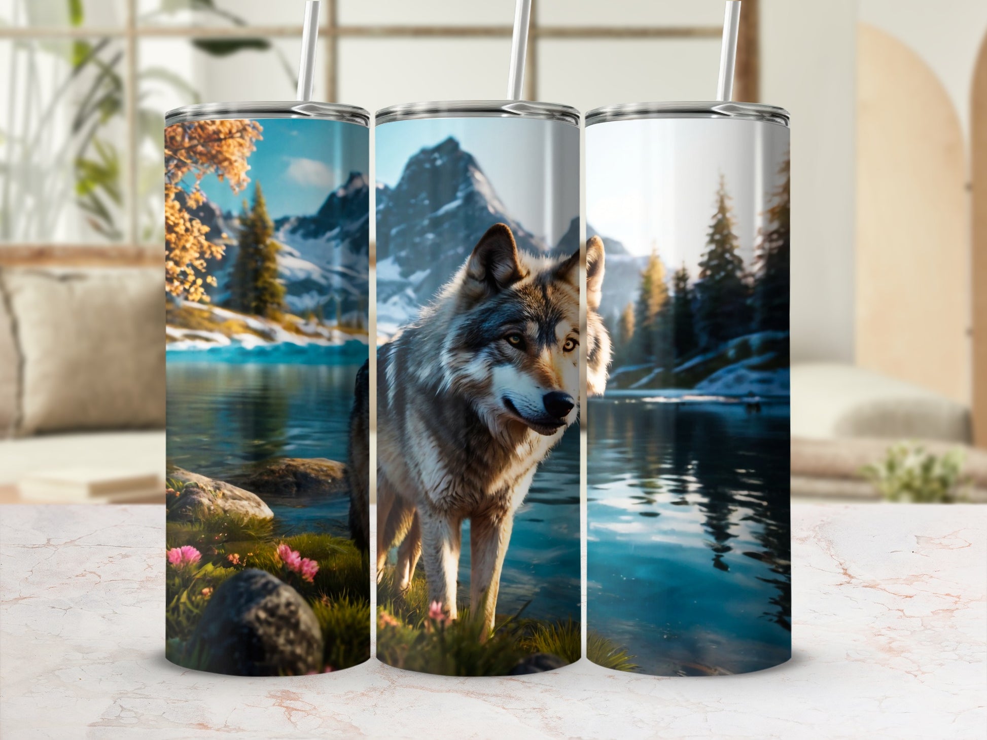 Forest Wolf Mountainous Lake Vibrant Blooms product type