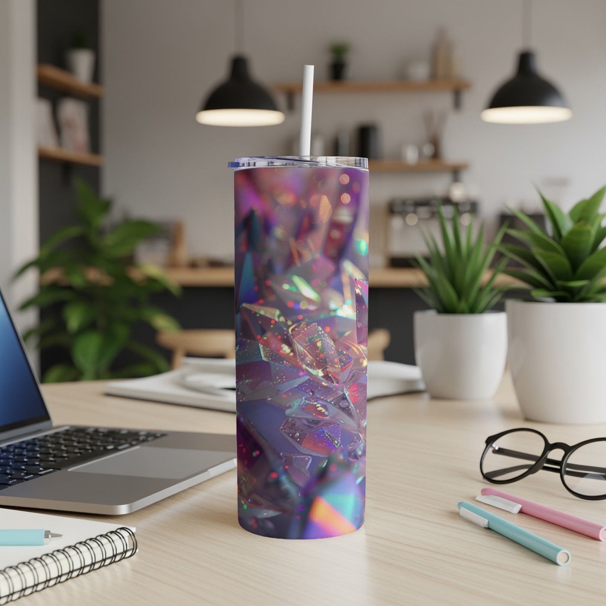 Iridescent tumbler with a straw on a desk with a laptop and pens.