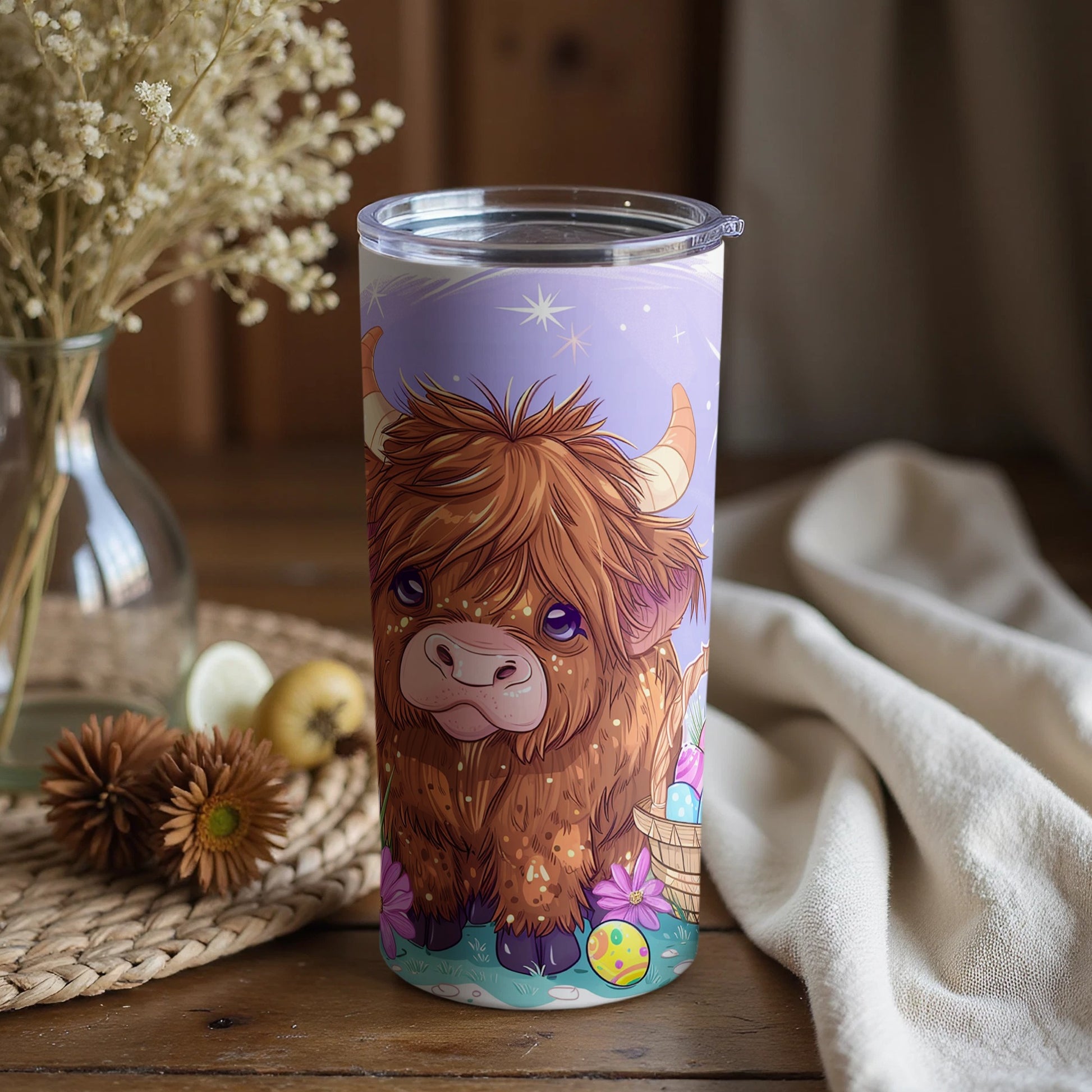 Adorable Highland Cow Easter Tumbler with Lid