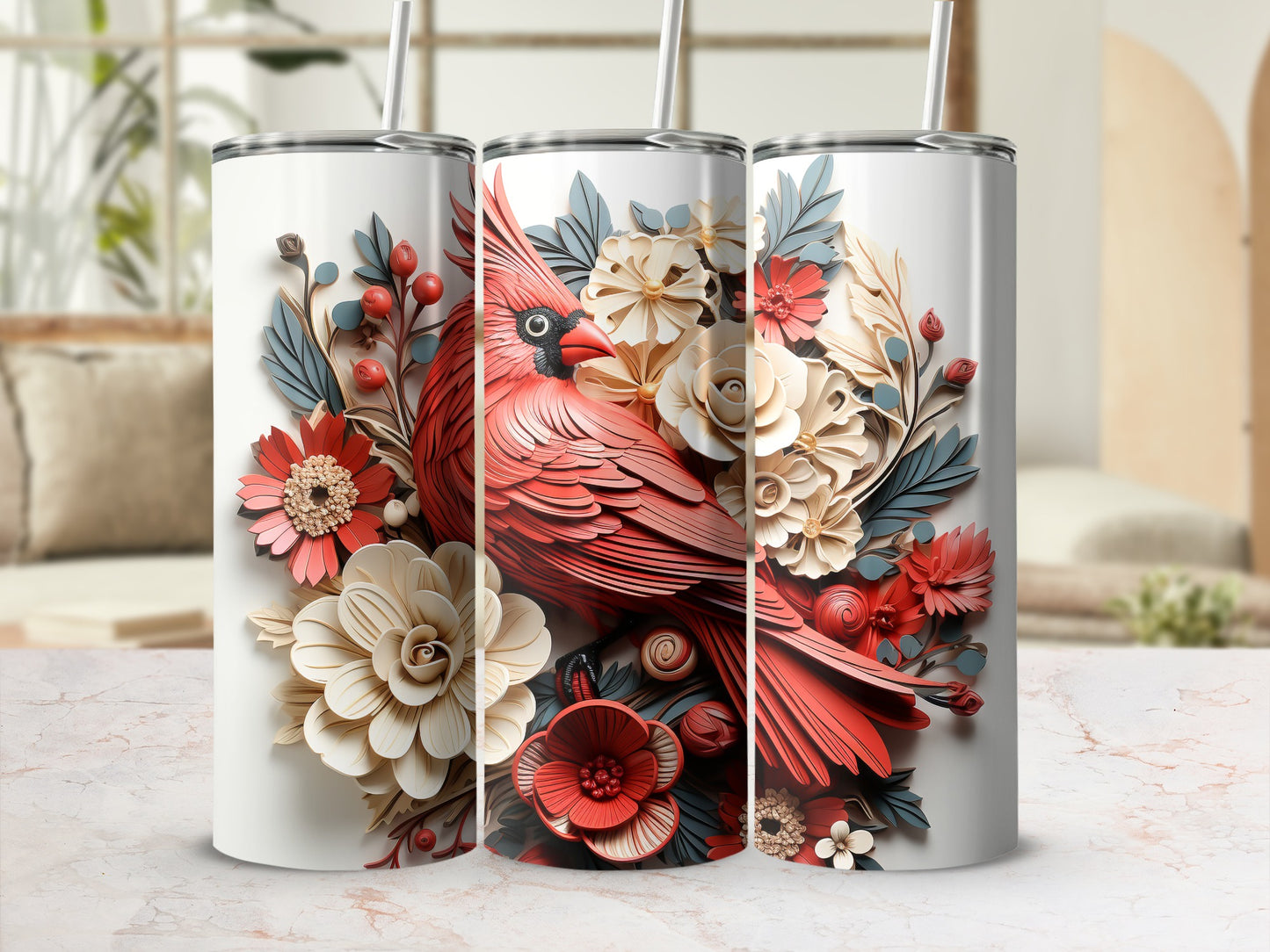 Three white tumblers with a detailed cardinal and floral design.
