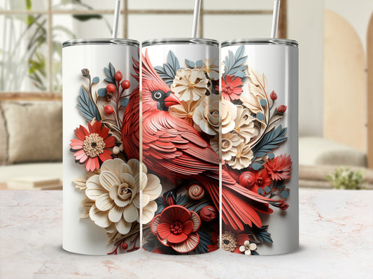 Three white tumblers with a detailed cardinal and floral design.