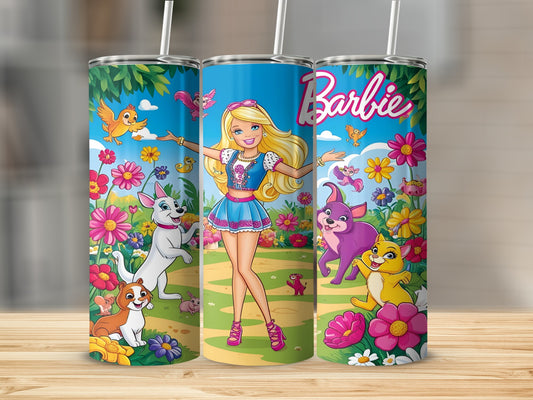 Barbie with dogs and cats surrounded by colorful flowers and butterflies.