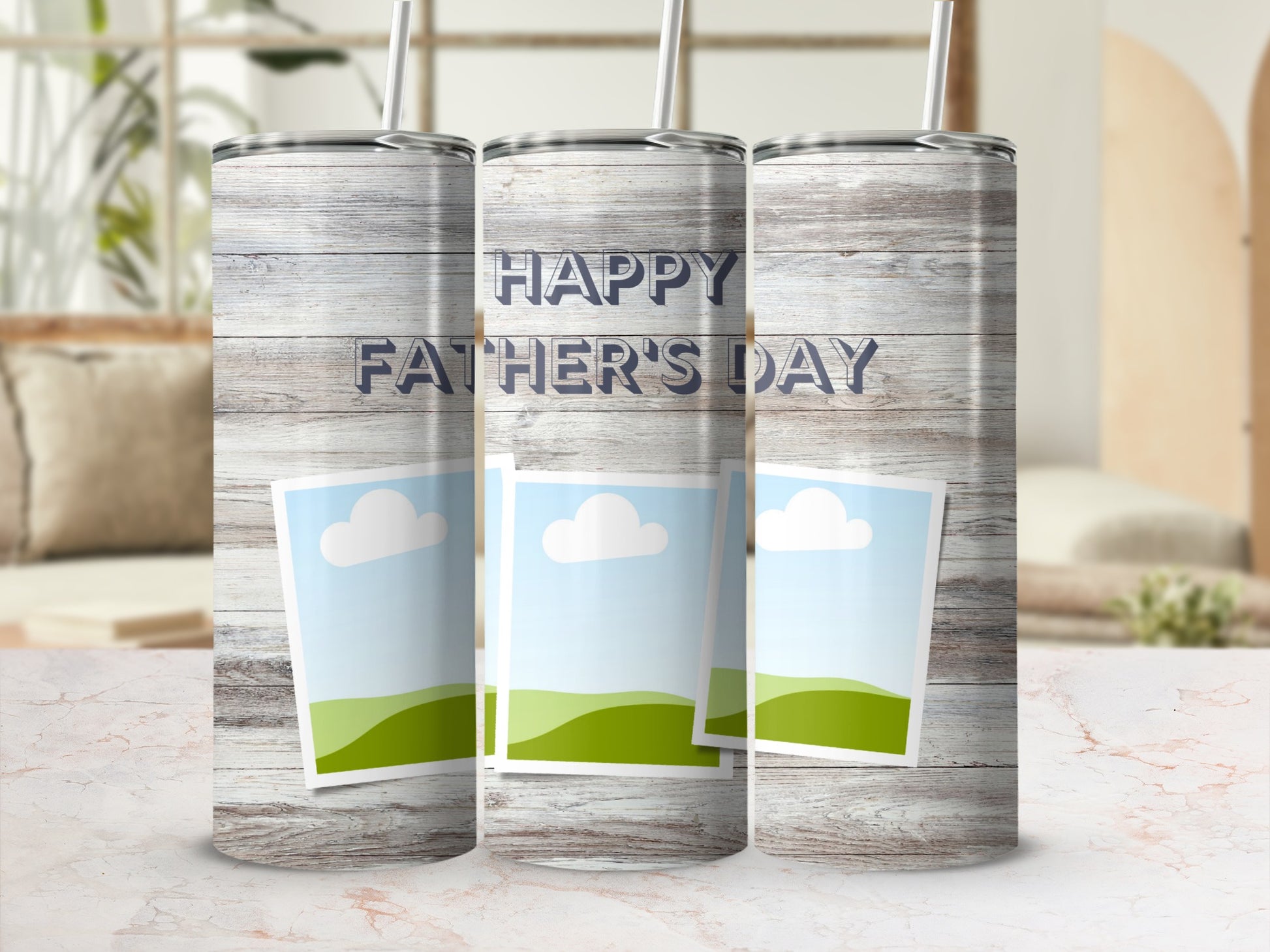 Three tumblers with "Happy Father's Day" text and photo placeholders.