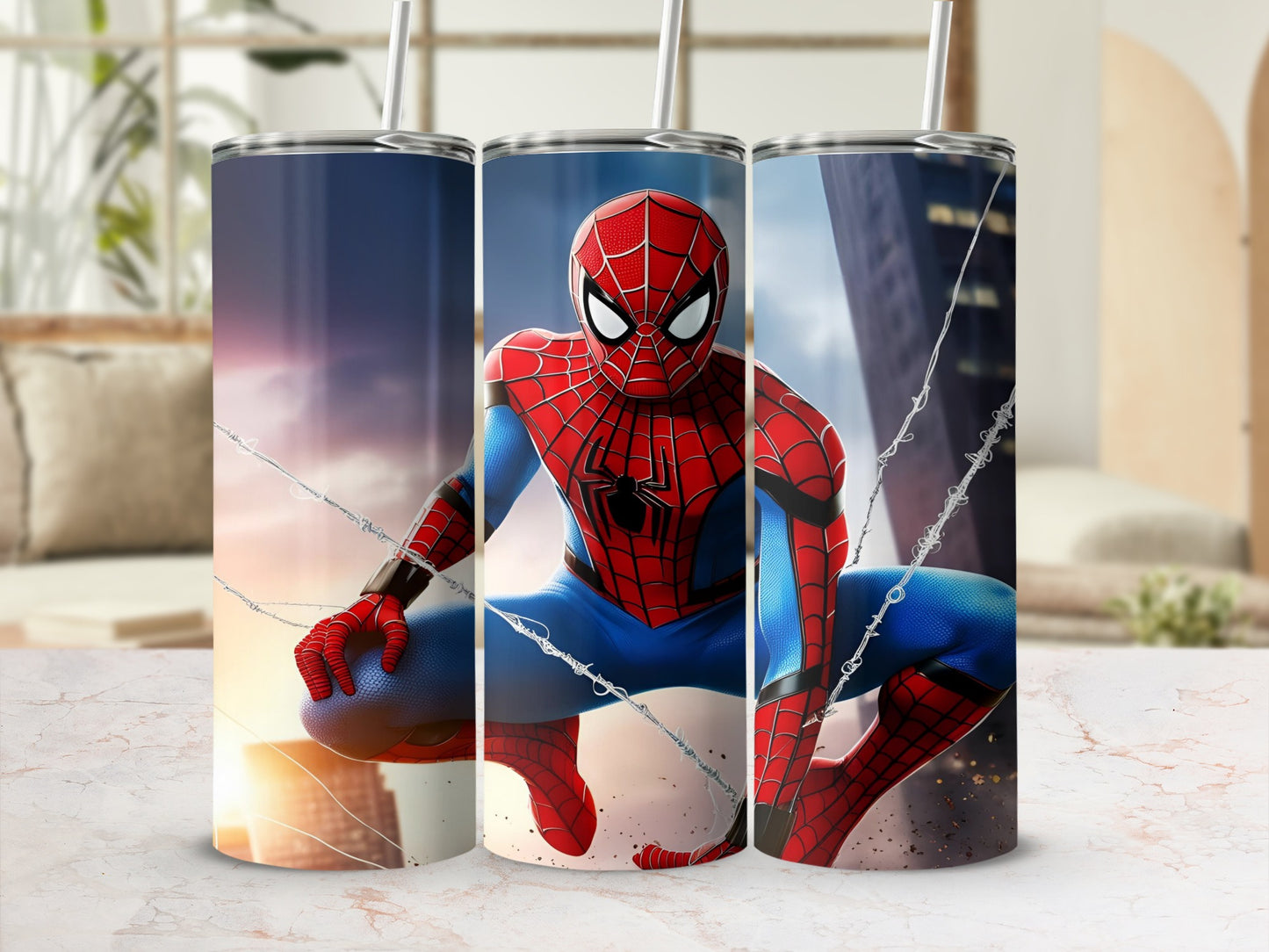 Spiderman crouching on building with city skyline in background