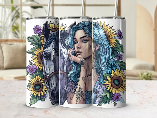 Tumbler featuring a woman with blue hair and a horse, surrounded by sunflowers.