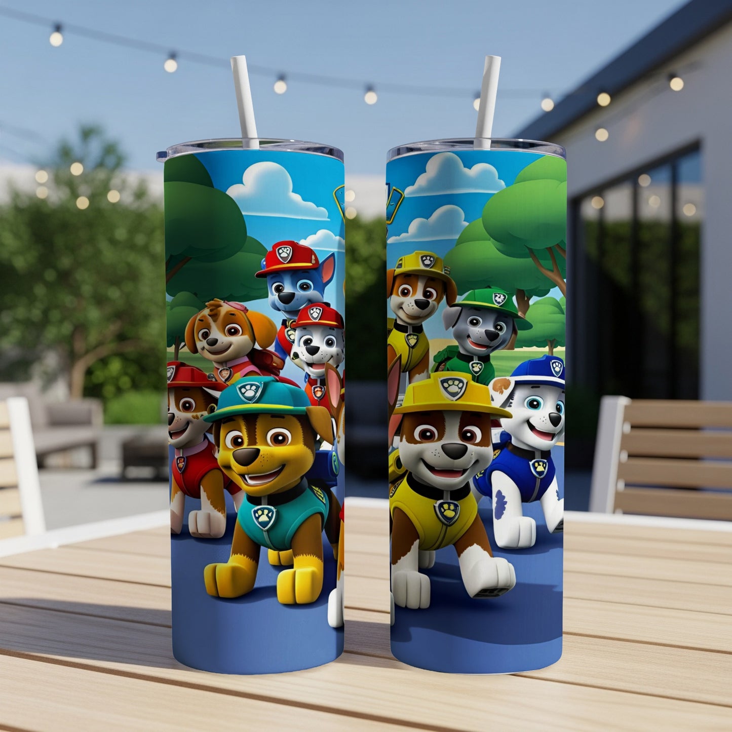 Paw Patrol characters Chase, Marshall, Rubble, Skye, and Everest on a blue tumbler.