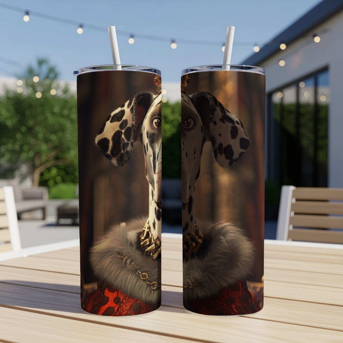 Dalmatian wearing a crown and fur collar, on a tumbler.