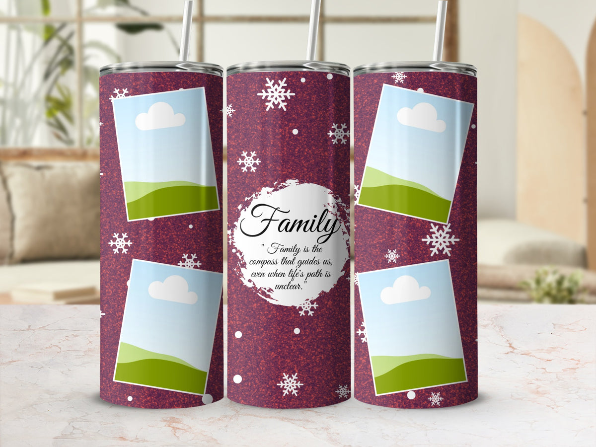 Tumbler with snow, photo frames, and "Family is the compass" quote.