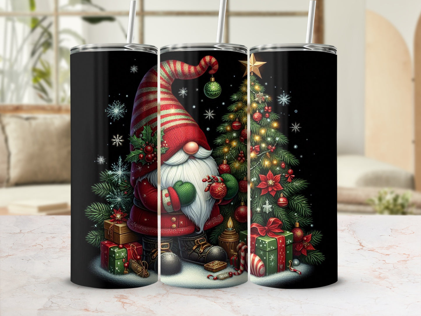 Christmas gnome with gifts and tree, festive holiday design.