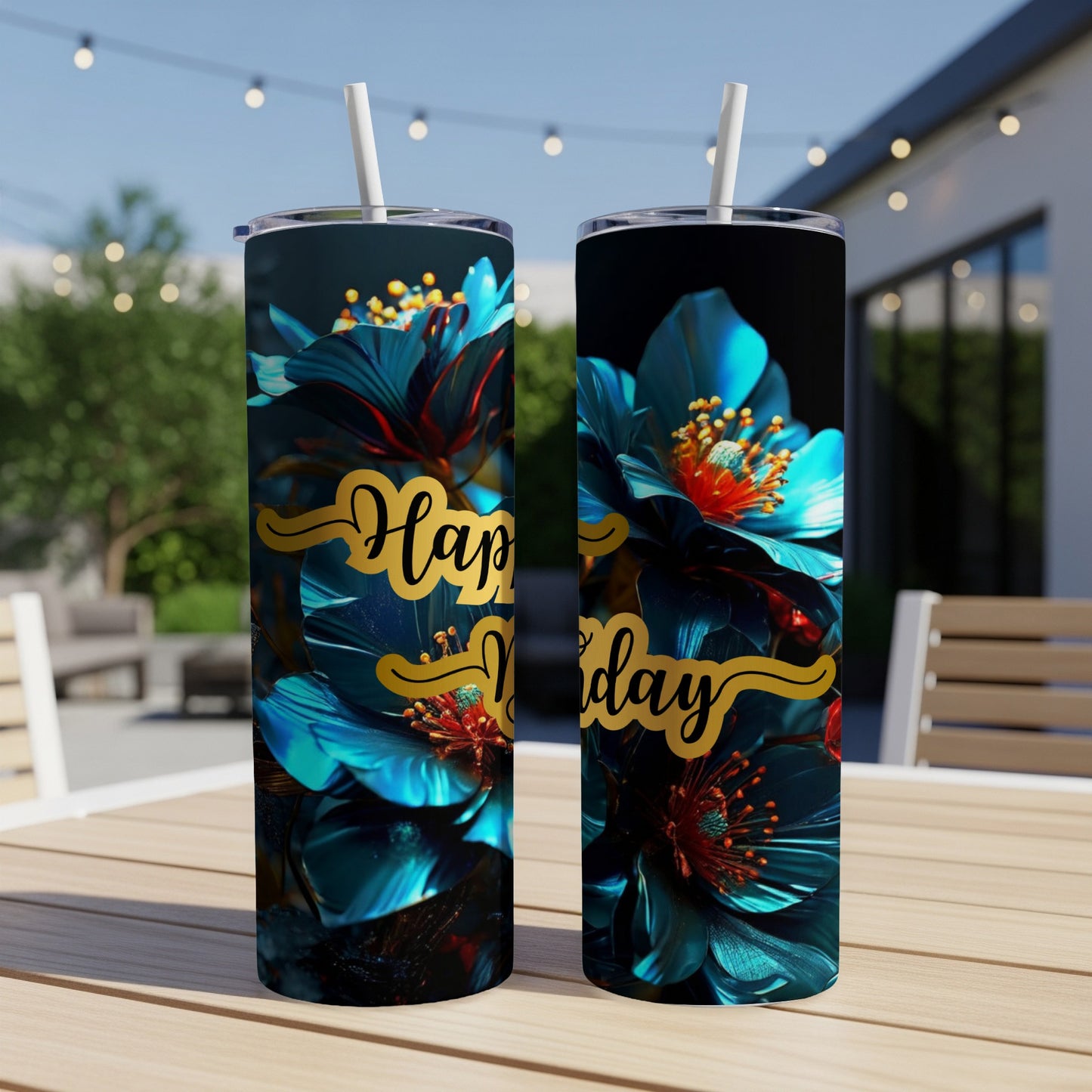 Two tumblers featuring vibrant teal flowers and "Happy Birthday" text.