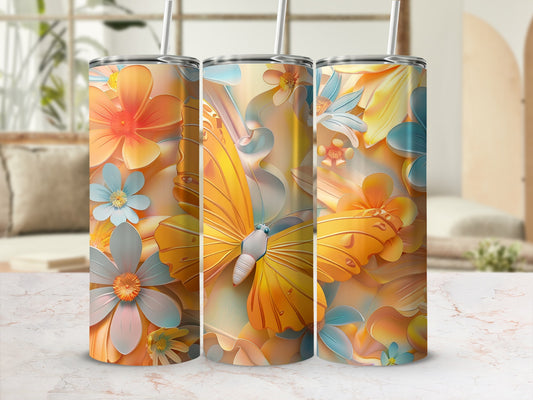 Orange butterfly with blue and yellow flowers on a floral tumbler.