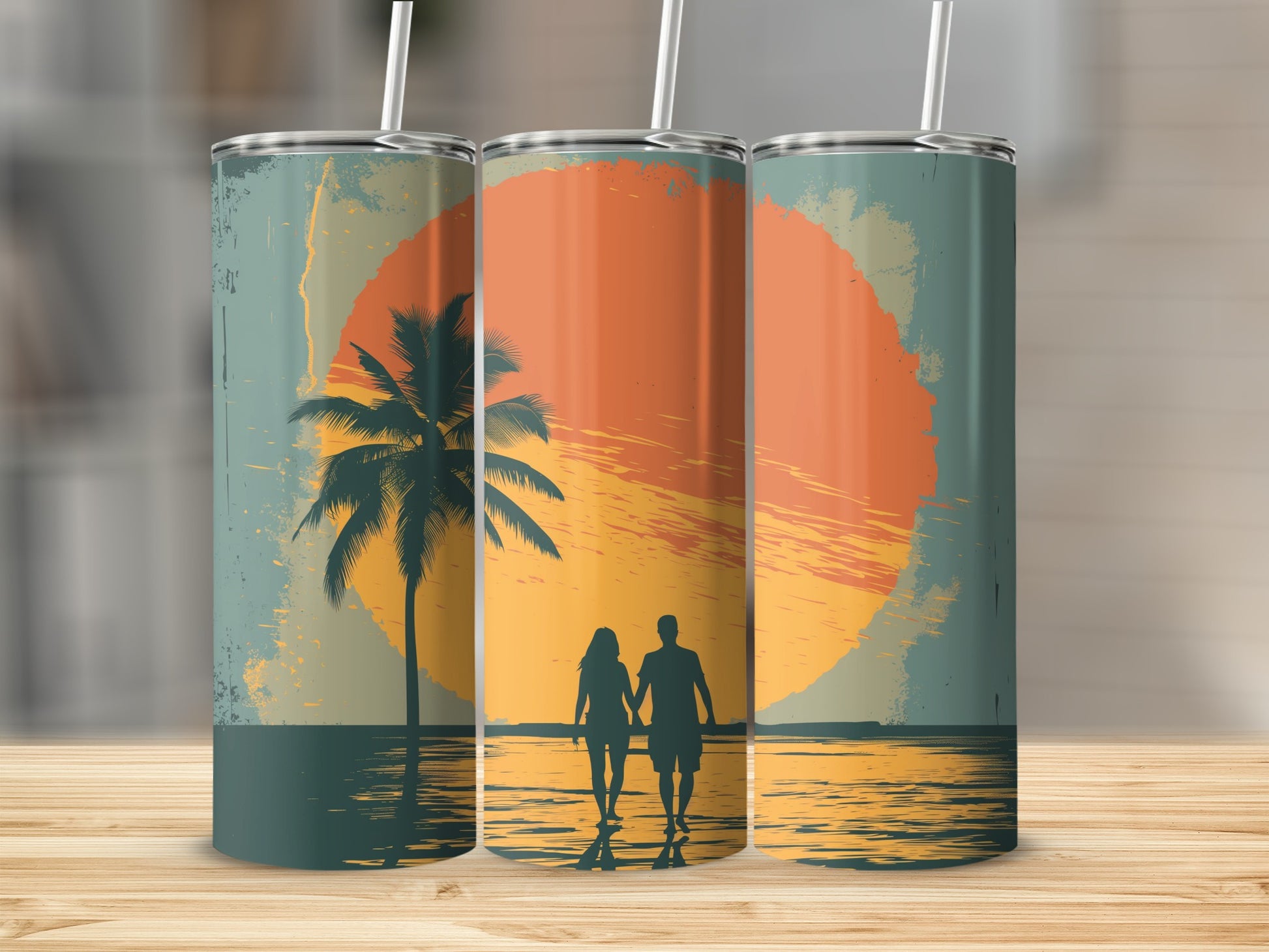 Couple walking on beach at sunset with palm tree.