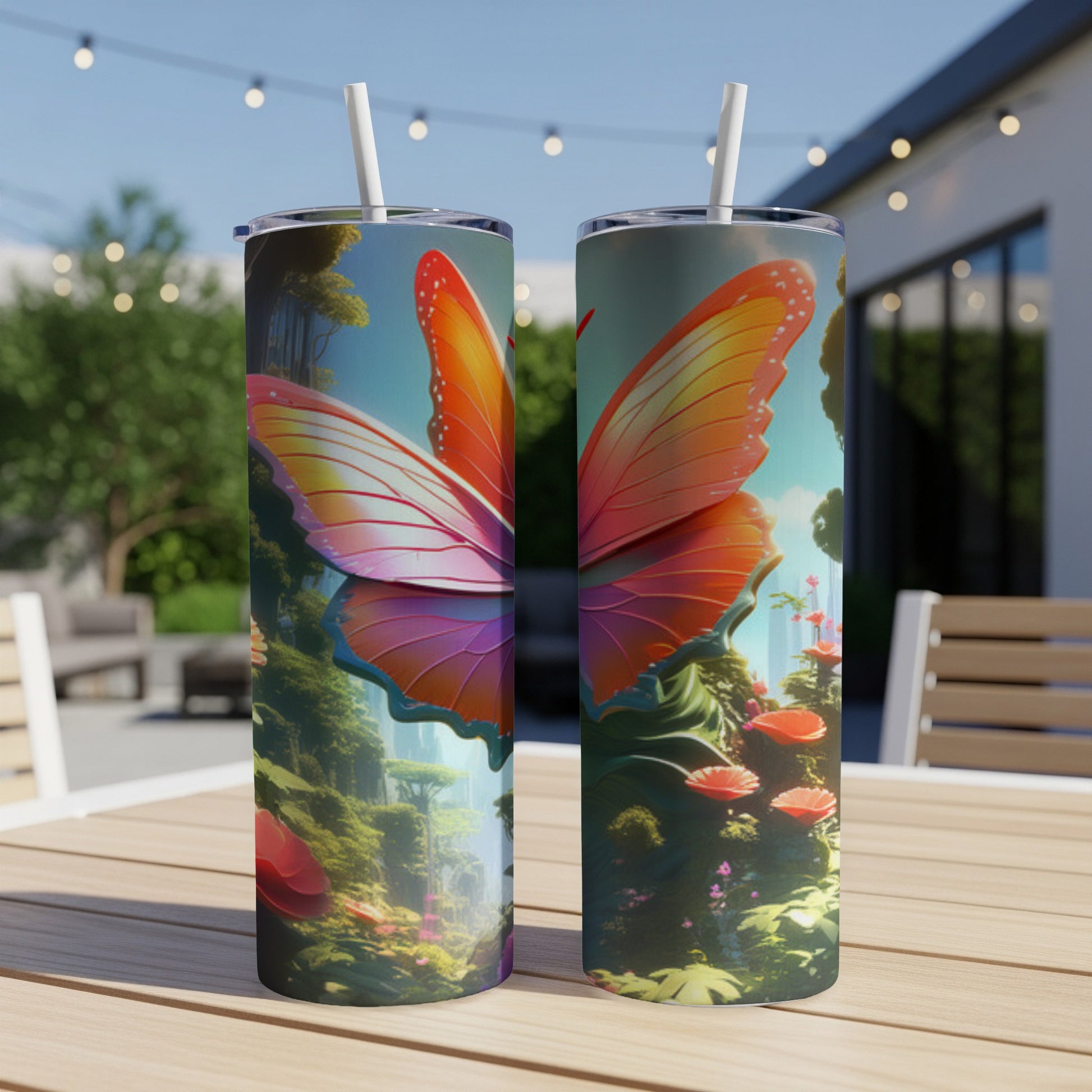 Two tumblers featuring a colorful butterfly and lush forest scene.