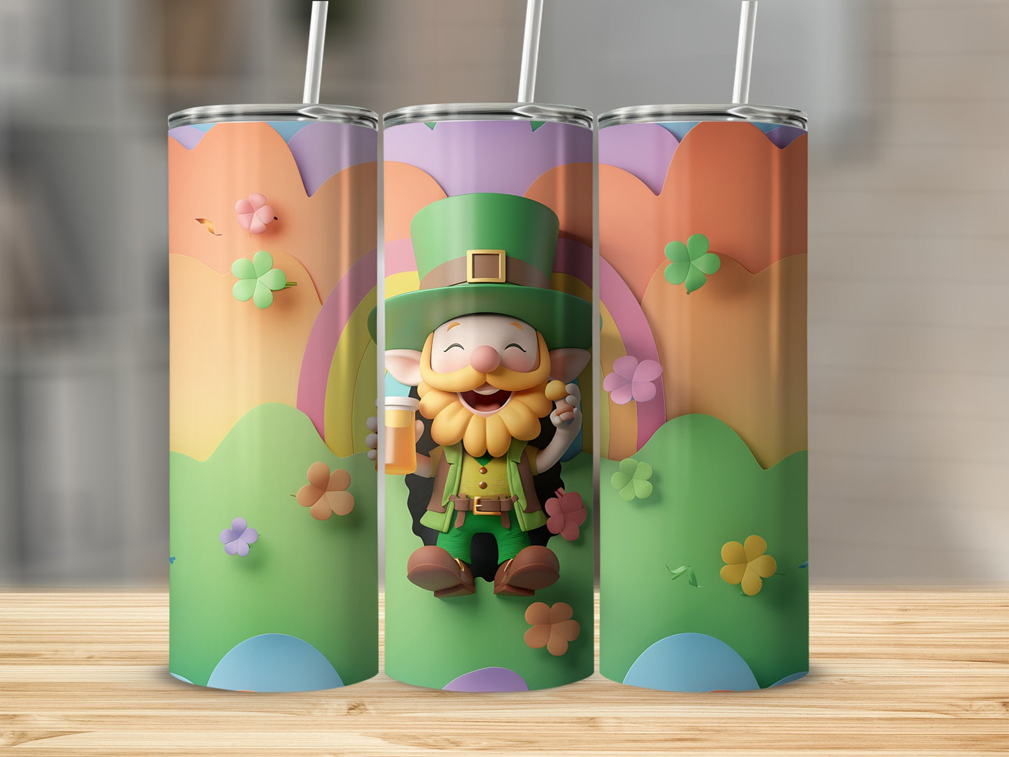 Leprechaun character on a rainbow and shamrock themed tumbler.