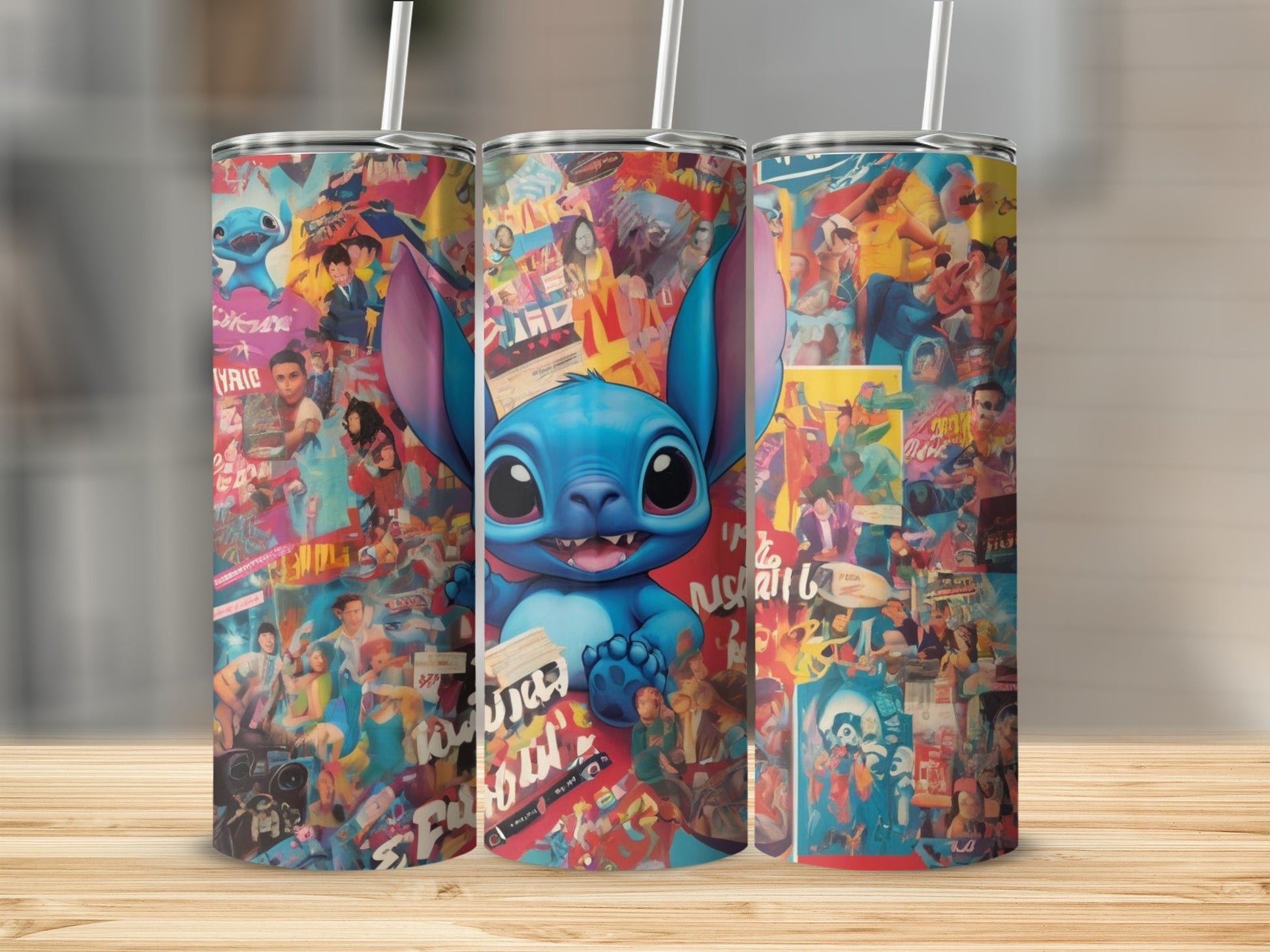 Stitch character on a collage of colorful pop culture images on a tumbler.