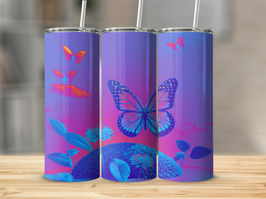 Three tumblers with butterfly and floral designs, set against a gradient purple background.