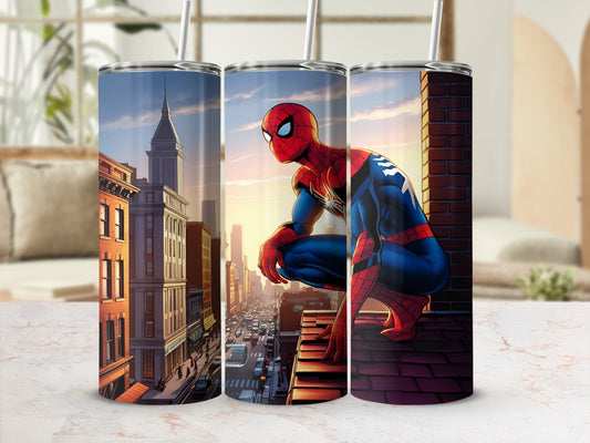 Spider-Man crouching on rooftop overlooking city at sunset, product display.