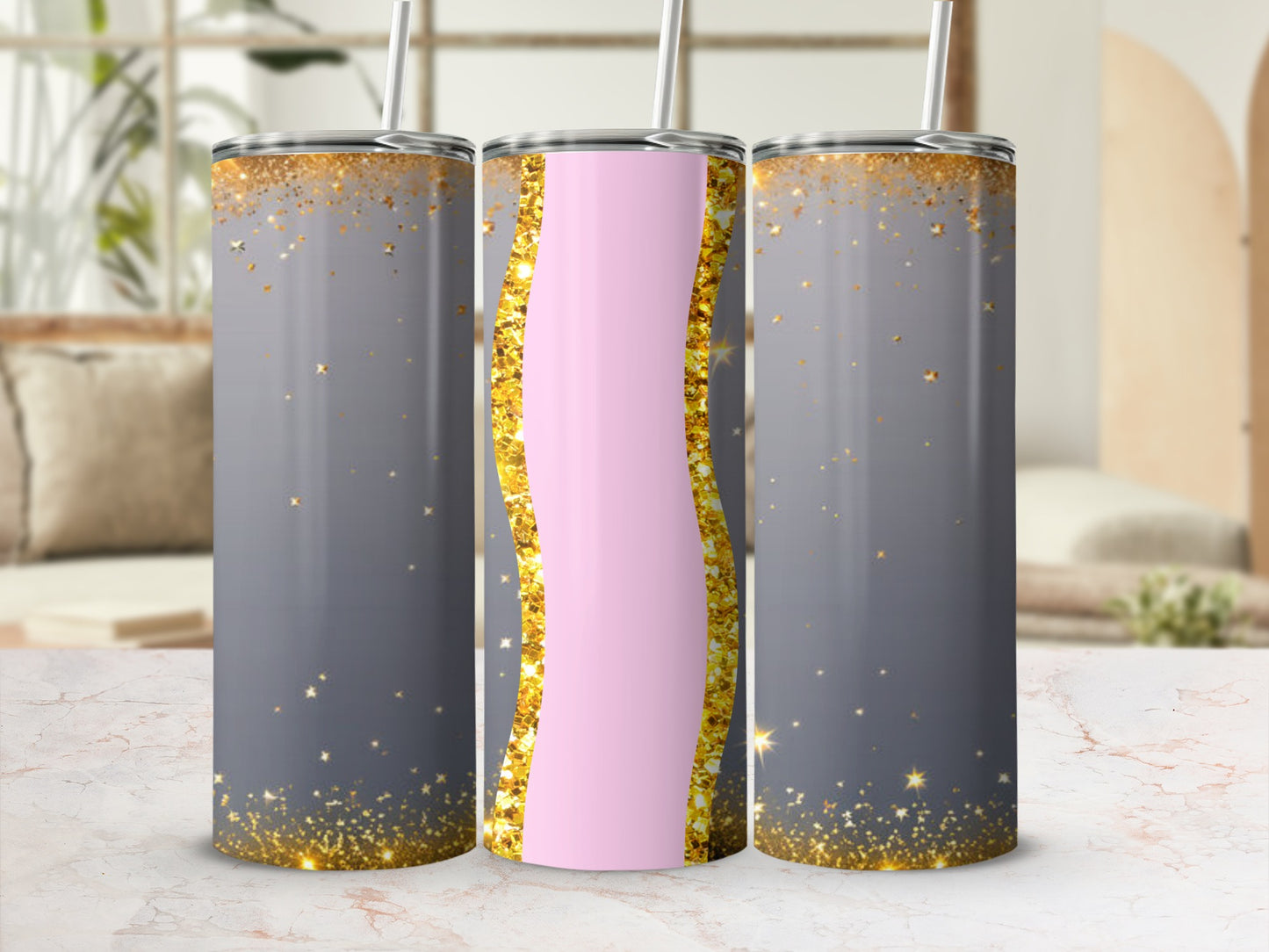 Gray and gold glitter tumbler with a wavy pink stripe.